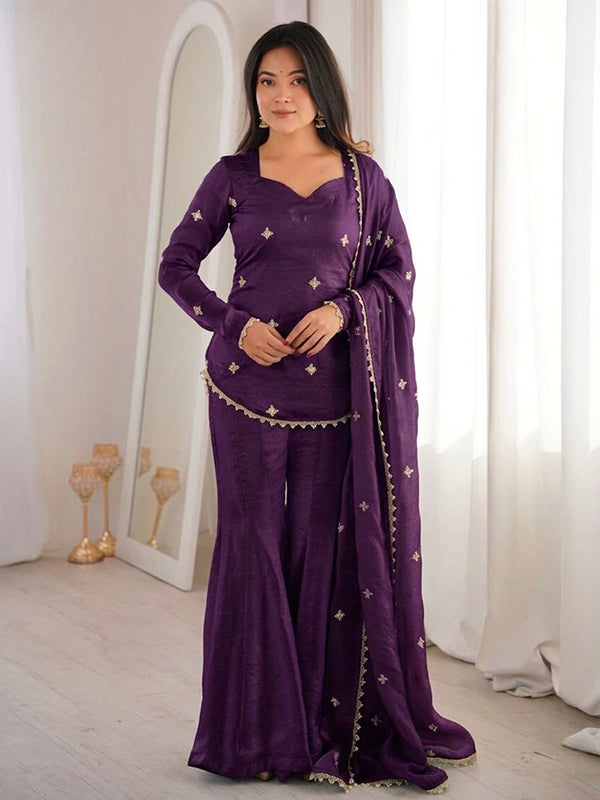 Purple Embroidery Sequence Work Fendy Silk Top Sharara With Dupatta
