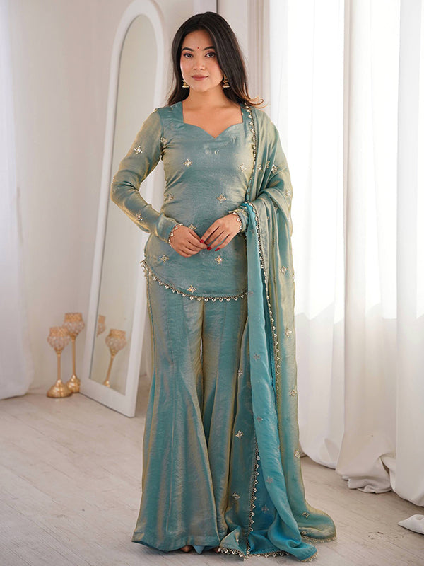 Sky Blue Embroidery Sequence Work Fendy Silk Top Sharara With Dupatta