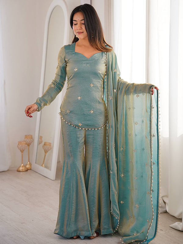 Sky Blue Embroidery Sequence Work Fendy Silk Top Sharara With Dupatta