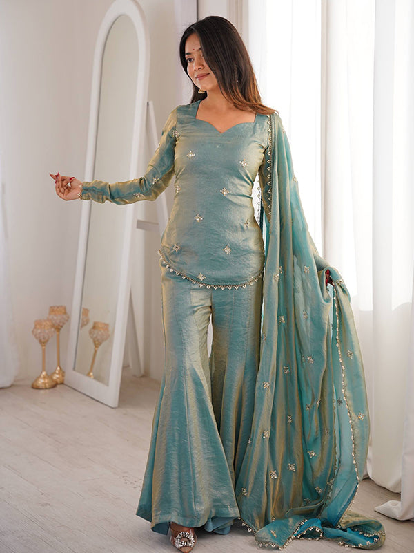 Sky Blue Embroidery Sequence Work Fendy Silk Top Sharara With Dupatta
