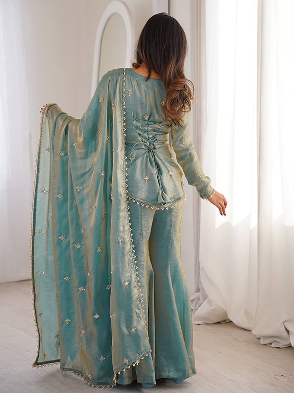 Sky Blue Embroidery Sequence Work Fendy Silk Top Sharara With Dupatta