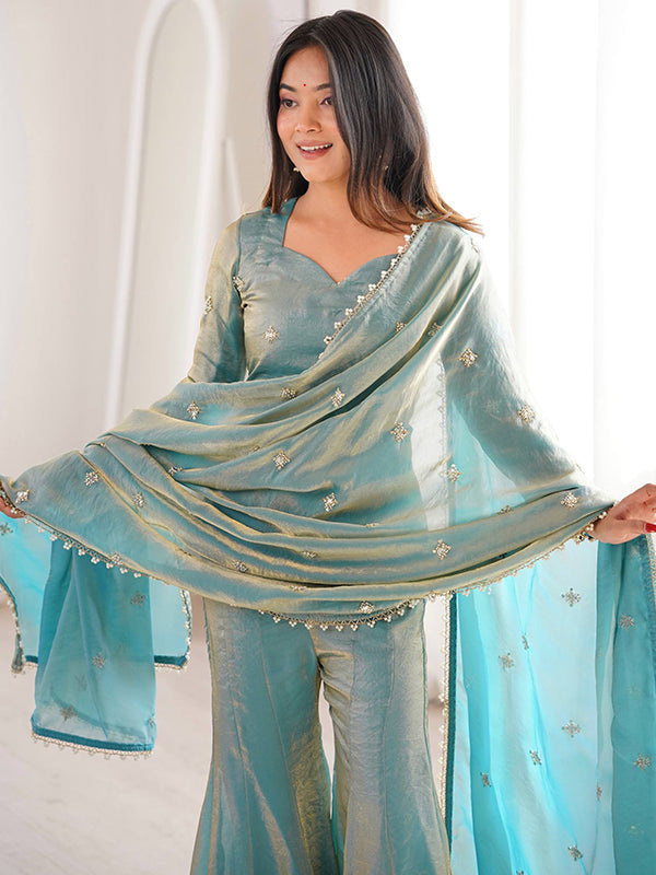 Sky Blue Embroidery Sequence Work Fendy Silk Top Sharara With Dupatta