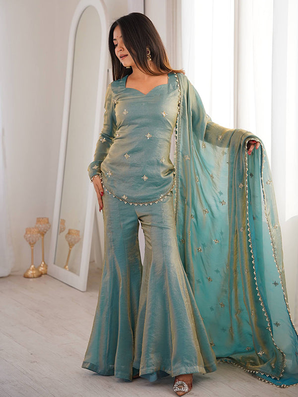 Sky Blue Embroidery Sequence Work Fendy Silk Top Sharara With Dupatta