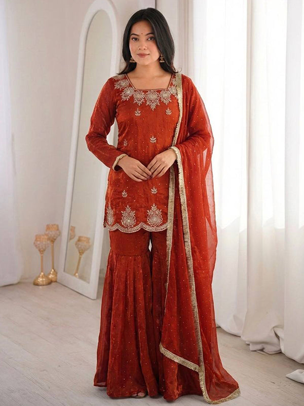 Rust Orange Zarkan Diamond Work Fendy Silk Sharara Set With Dupatta