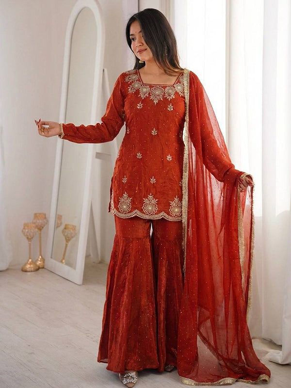 Rust Orange Zarkan Diamond Work Fendy Silk Sharara Set With Dupatta