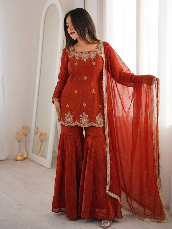 Rust Orange Zarkan Diamond Work Fendy Silk Sharara Set With Dupatta