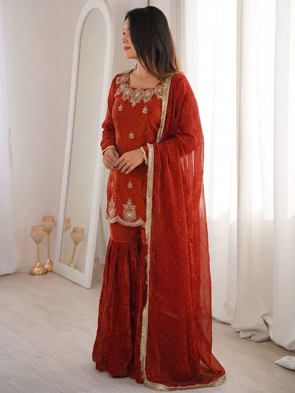 Rust Orange Zarkan Diamond Work Fendy Silk Sharara Set With Dupatta