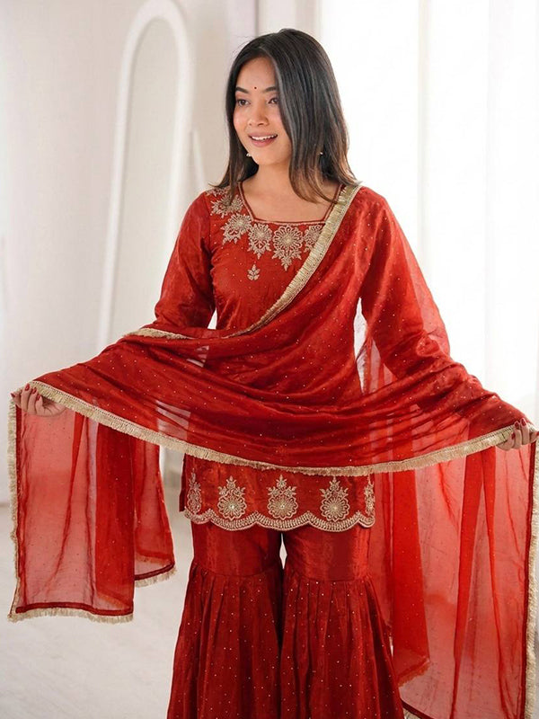 Rust Orange Zarkan Diamond Work Fendy Silk Sharara Set With Dupatta
