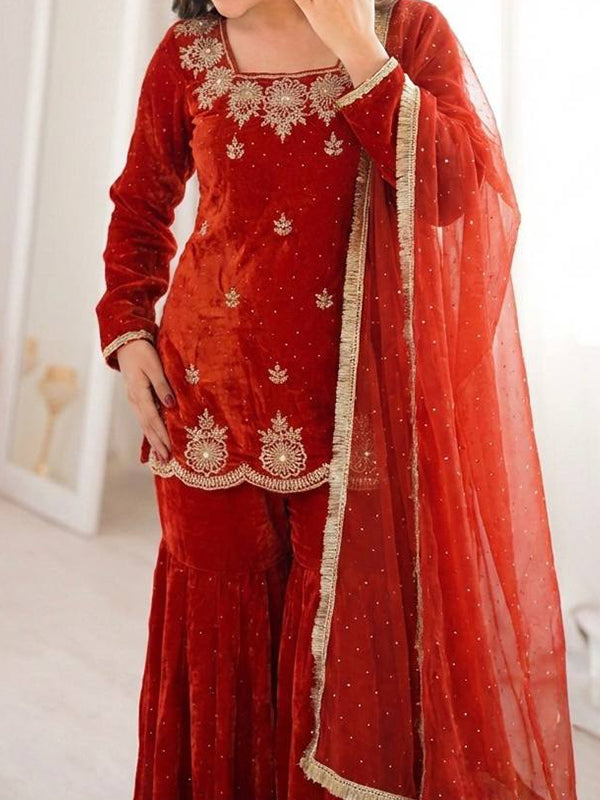 Rust Orange Zarkan Diamond Work Fendy Silk Sharara Set With Dupatta