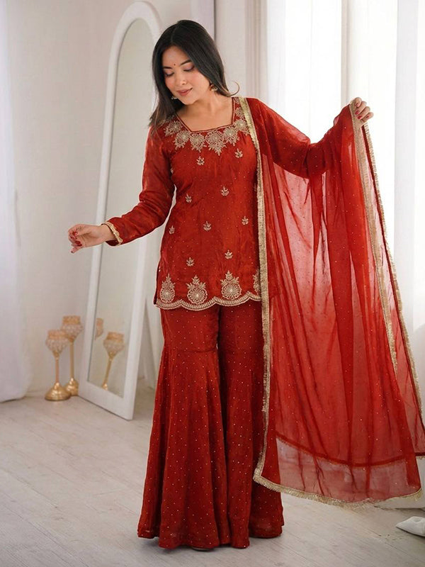 Rust Orange Zarkan Diamond Work Fendy Silk Sharara Set With Dupatta