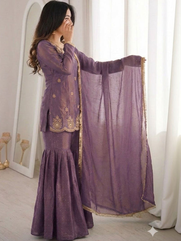 Mavue Pink Zarkan Diamond Work Fendy Silk Sharara Set With Dupatta