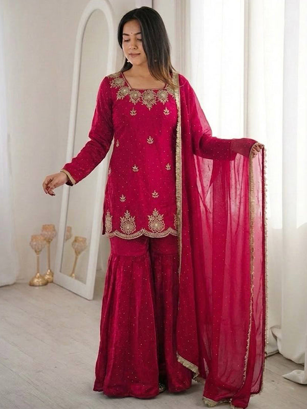 Hot Pink Zarkan Diamond Work Fendy Silk Sharara Set With Dupatta