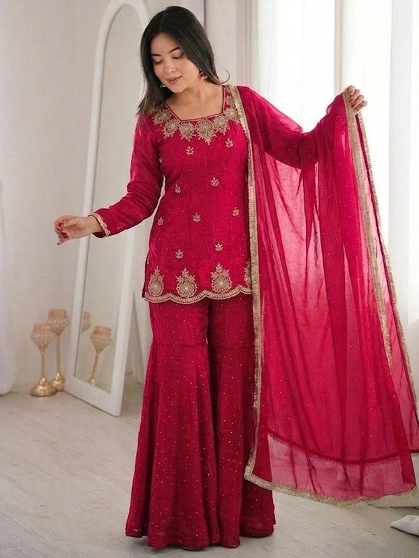 Hot Pink Zarkan Diamond Work Fendy Silk Sharara Set With Dupatta