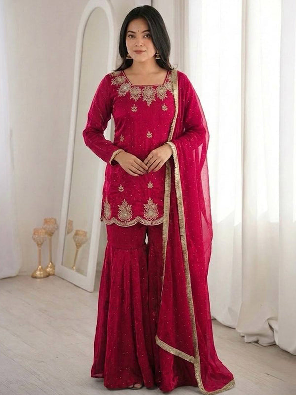 Hot Pink Zarkan Diamond Work Fendy Silk Sharara Set With Dupatta