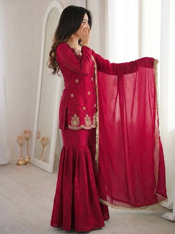 Hot Pink Zarkan Diamond Work Fendy Silk Sharara Set With Dupatta
