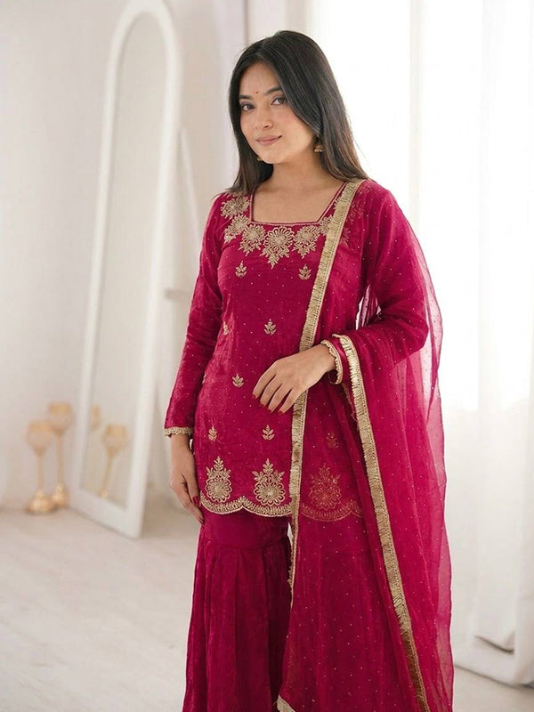Hot Pink Zarkan Diamond Work Fendy Silk Sharara Set With Dupatta