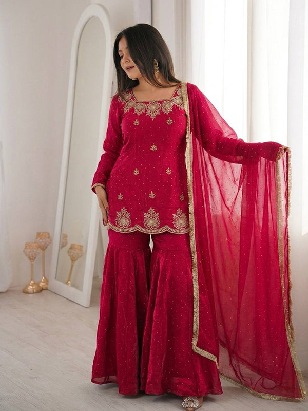 Hot Pink Zarkan Diamond Work Fendy Silk Sharara Set With Dupatta