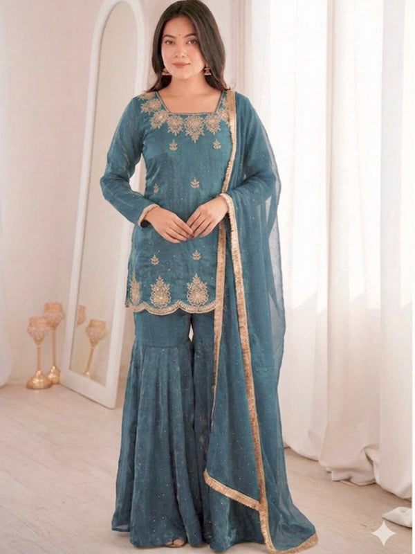 Sky Blue Zarkan Diamond Work Fendy Silk Sharara Set With Dupatta