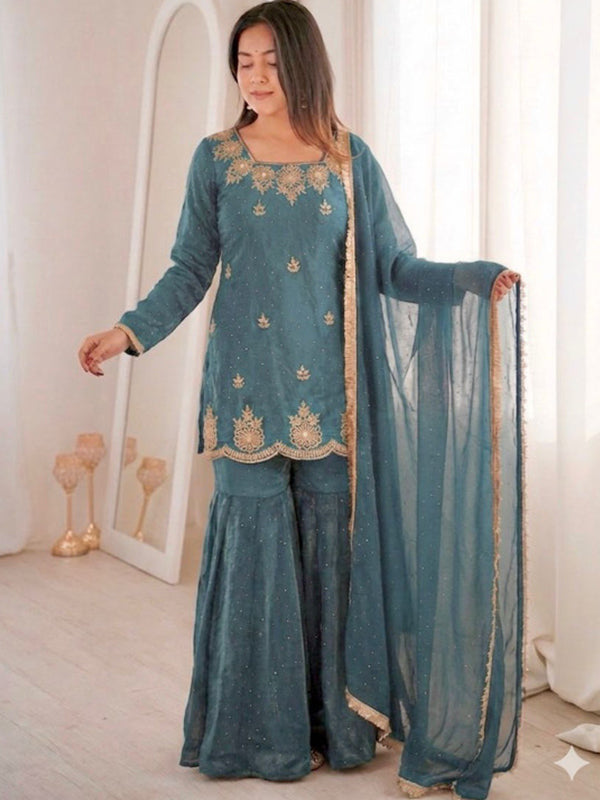 Sky Blue Zarkan Diamond Work Fendy Silk Sharara Set With Dupatta
