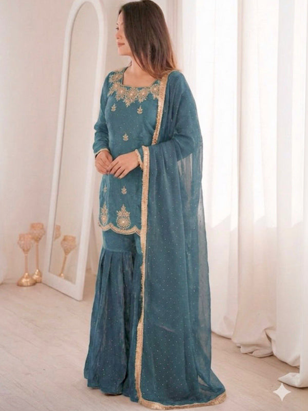 Sky Blue Zarkan Diamond Work Fendy Silk Sharara Set With Dupatta