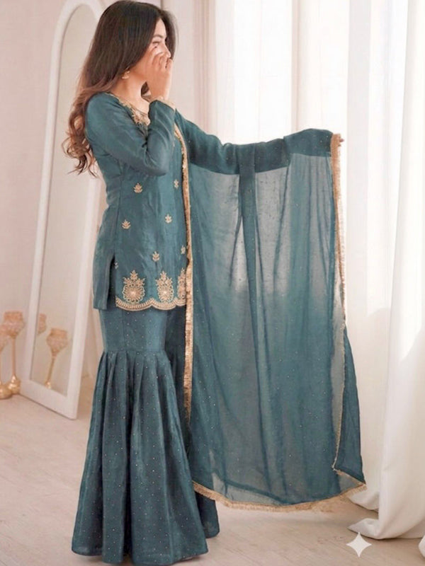 Sky Blue Zarkan Diamond Work Fendy Silk Sharara Set With Dupatta