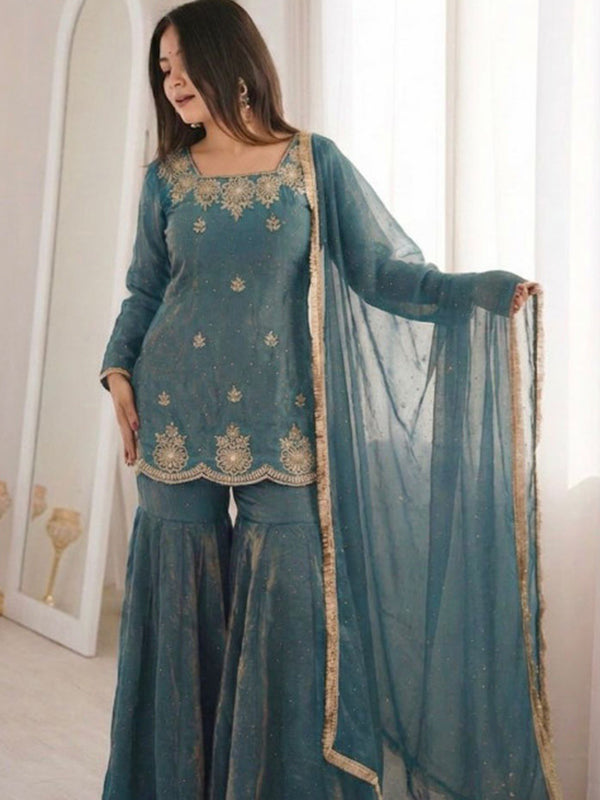 Sky Blue Zarkan Diamond Work Fendy Silk Sharara Set With Dupatta