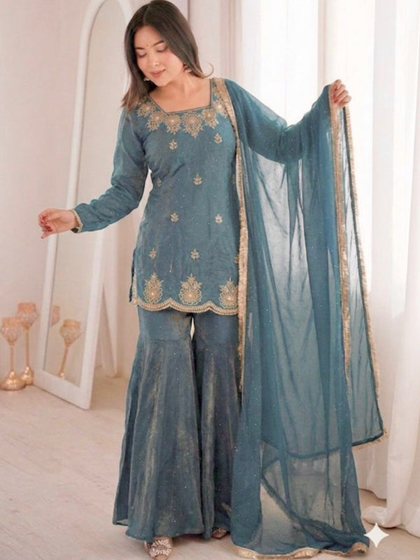 Sky Blue Zarkan Diamond Work Fendy Silk Sharara Set With Dupatta