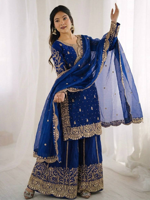 Blue Embroidery Sequence Work Fendy Silk Top Palazzo With Dupatta