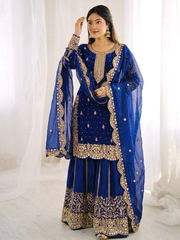 Blue Embroidery Sequence Work Fendy Silk Top Palazzo With Dupatta