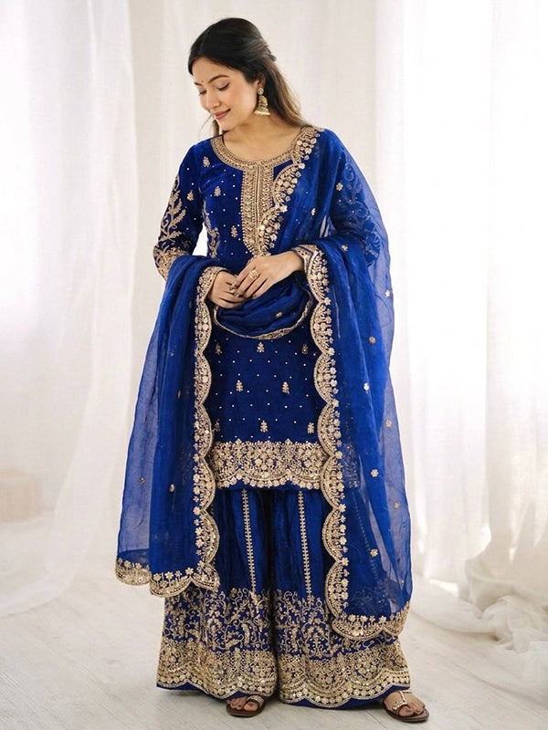 Blue Embroidery Sequence Work Fendy Silk Top Palazzo With Dupatta