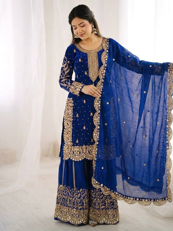 Blue Embroidery Sequence Work Fendy Silk Top Palazzo With Dupatta