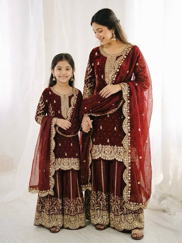 Maroon Fendy Silk Top Palazzo With Dupatta Mother Daughter Combo