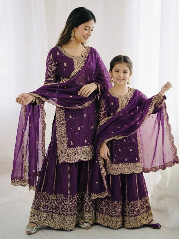 Purple Fendy Silk Top Palazzo With Dupatta Mother Daughter Combo