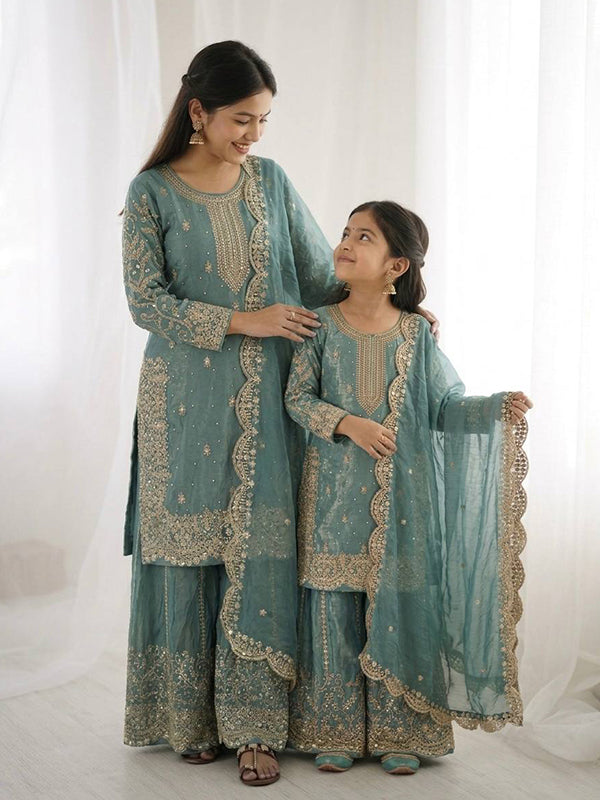Sky Blue Fendy Silk Top Palazzo With Dupatta Mother Daughter Combo