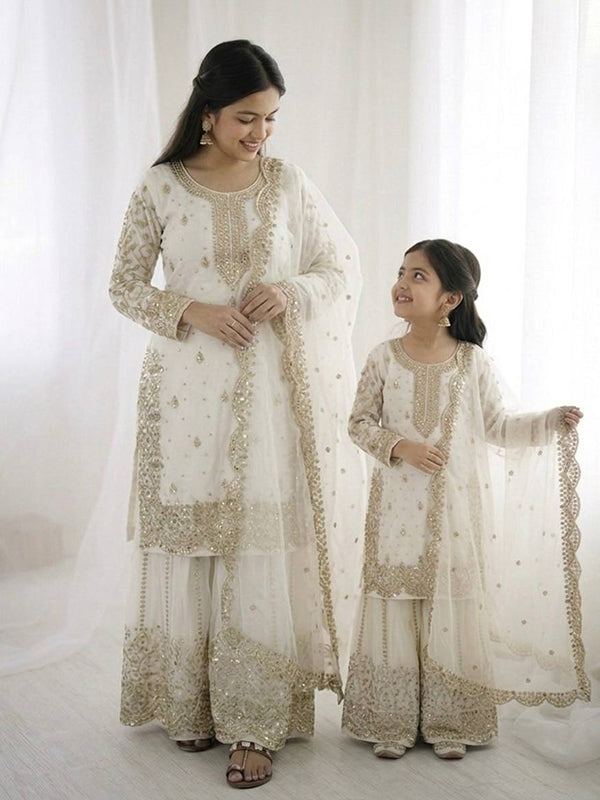 White Fendy Silk Top Palazzo With Dupatta Mother Daughter Combo