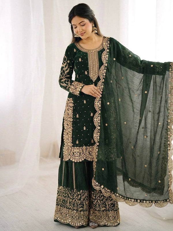 Dark Green Embroidery Sequence Work Fendy Silk Top Palazzo With Dupatta