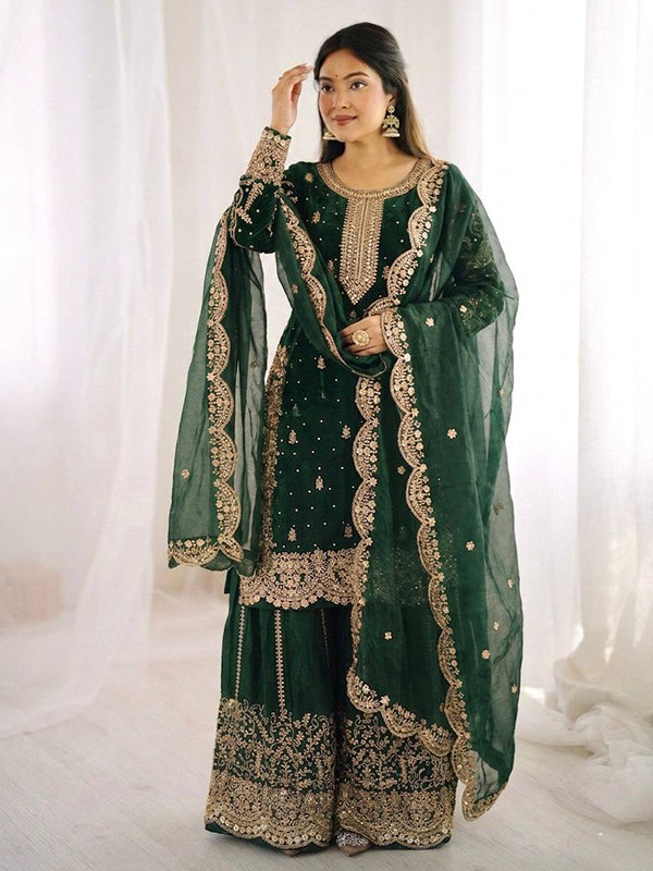 Dark Green Embroidery Sequence Work Fendy Silk Top Palazzo With Dupatta