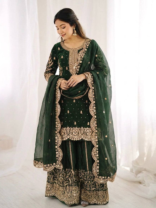 Dark Green Embroidery Sequence Work Fendy Silk Top Palazzo With Dupatta