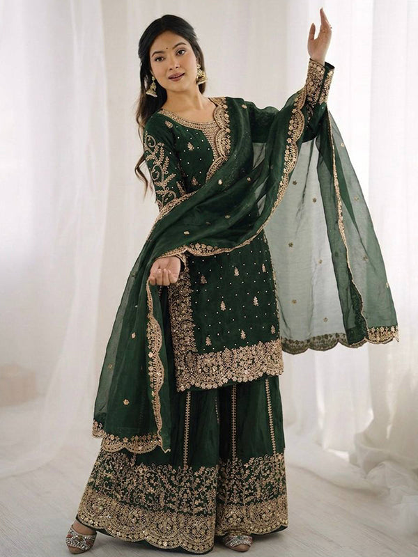 Dark Green Embroidery Sequence Work Fendy Silk Top Palazzo With Dupatta