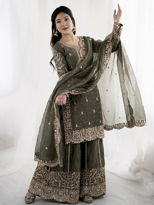 Dark Grey Embroidery Sequence Work Fendy Silk Top Palazzo With Dupatta
