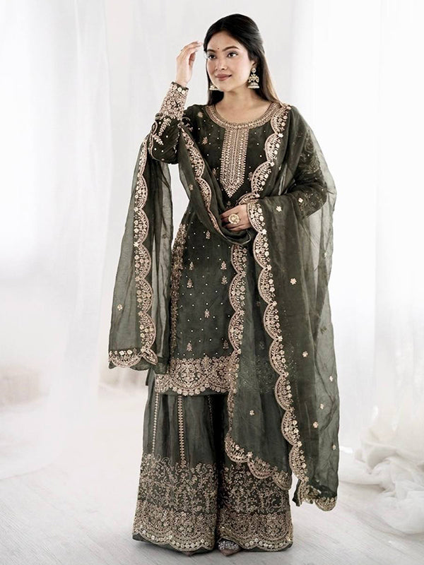 Dark Grey Embroidery Sequence Work Fendy Silk Top Palazzo With Dupatta
