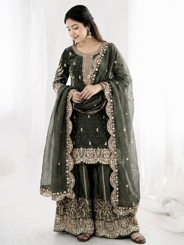Dark Grey Embroidery Sequence Work Fendy Silk Top Palazzo With Dupatta