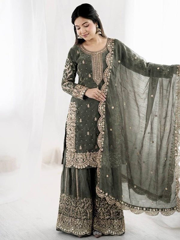 Dark Grey Embroidery Sequence Work Fendy Silk Top Palazzo With Dupatta
