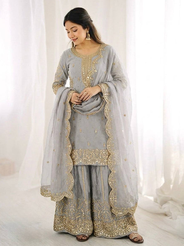 Grey Embroidery Sequence Work Fendy Silk Top Palazzo With Dupatta
