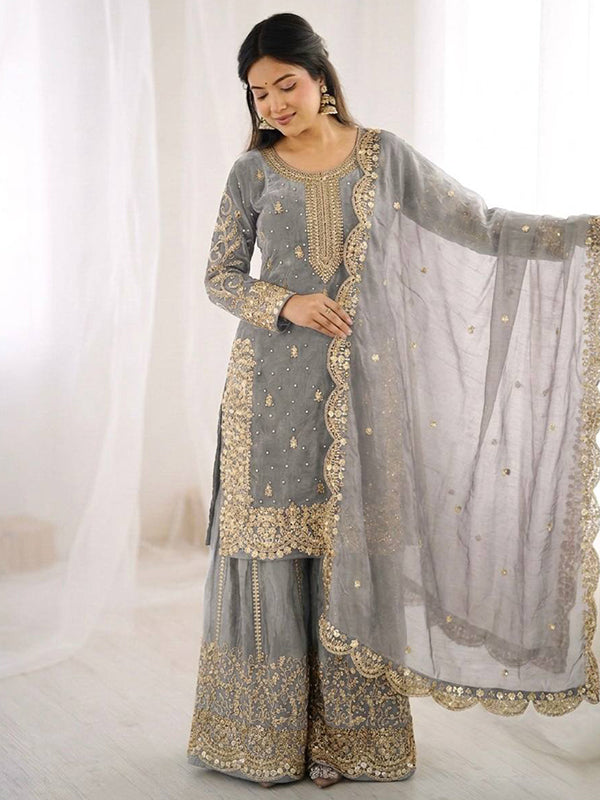 Grey Embroidery Sequence Work Fendy Silk Top Palazzo With Dupatta