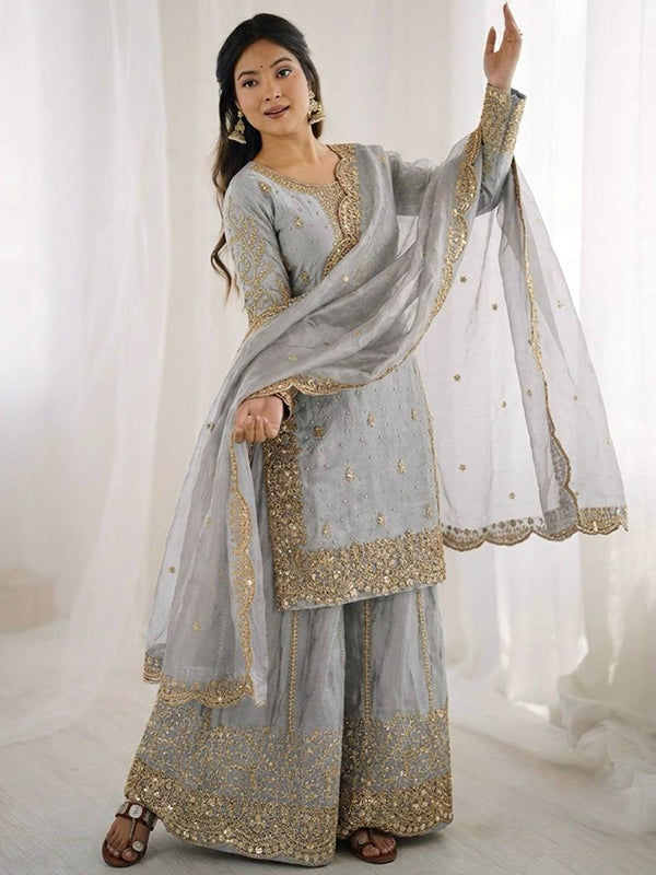 Grey Embroidery Sequence Work Fendy Silk Top Palazzo With Dupatta
