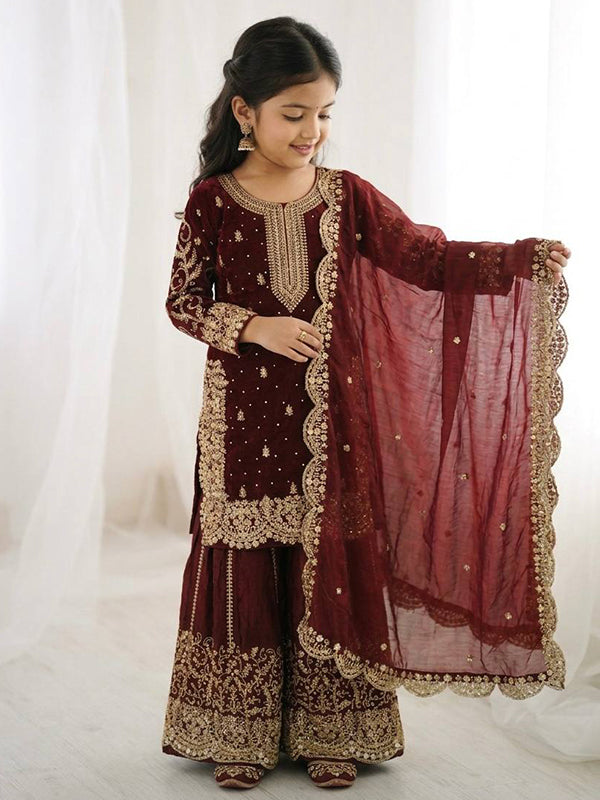 Maroon Fendy Silk Top Palazzo With Dupatta Mother Daughter Combo