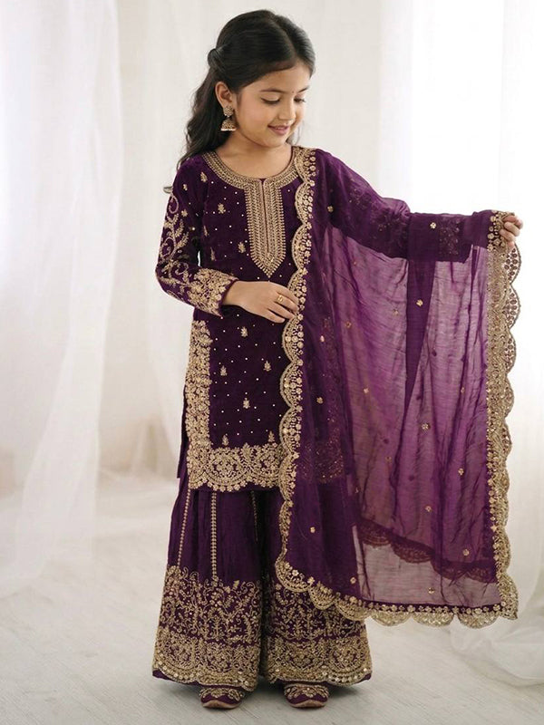 Purple Fendy Silk Top Palazzo With Dupatta Mother Daughter Combo