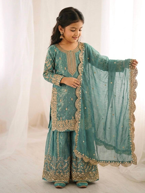 Sky Blue Fendy Silk Top Palazzo With Dupatta Mother Daughter Combo