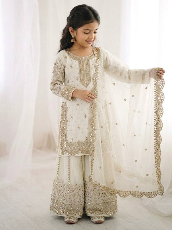 White Fendy Silk Top Palazzo With Dupatta Mother Daughter Combo